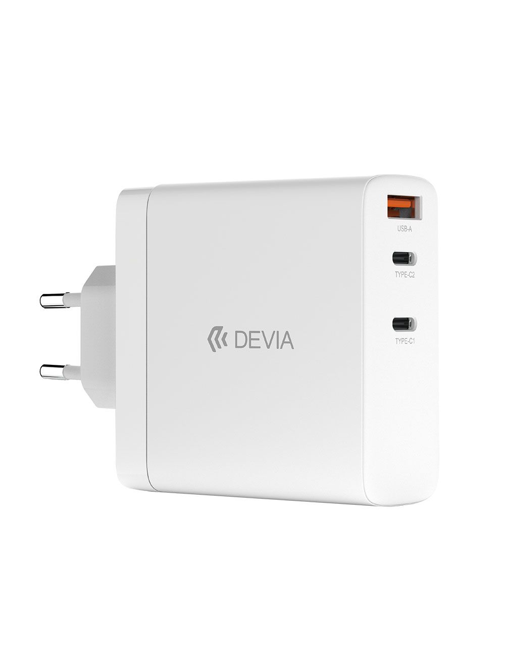 شاحن ديفيا 140 وات GaN ثلاث منافذ لتجربة شحن سريعة وآمنة لجميع الأجهزة – Devia 140W GaN Charger with 2C+A ports for fast, safe charging.