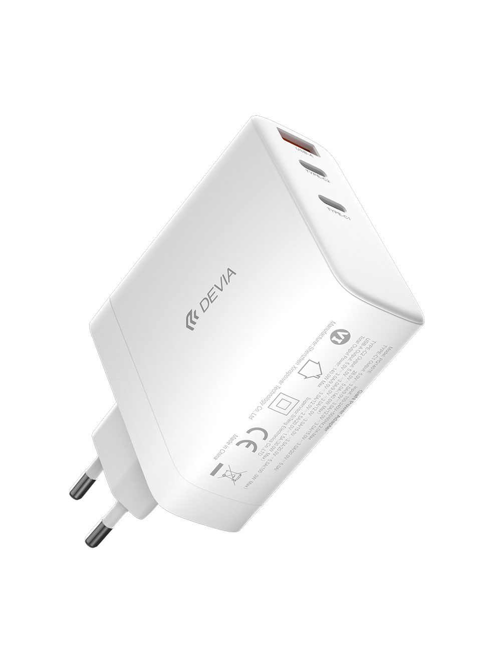 شاحن ديفيا 140 وات GaN ثلاث منافذ لتجربة شحن سريعة وآمنة لجميع الأجهزة – Devia 140W GaN Charger with 2C+A ports for fast, safe charging.