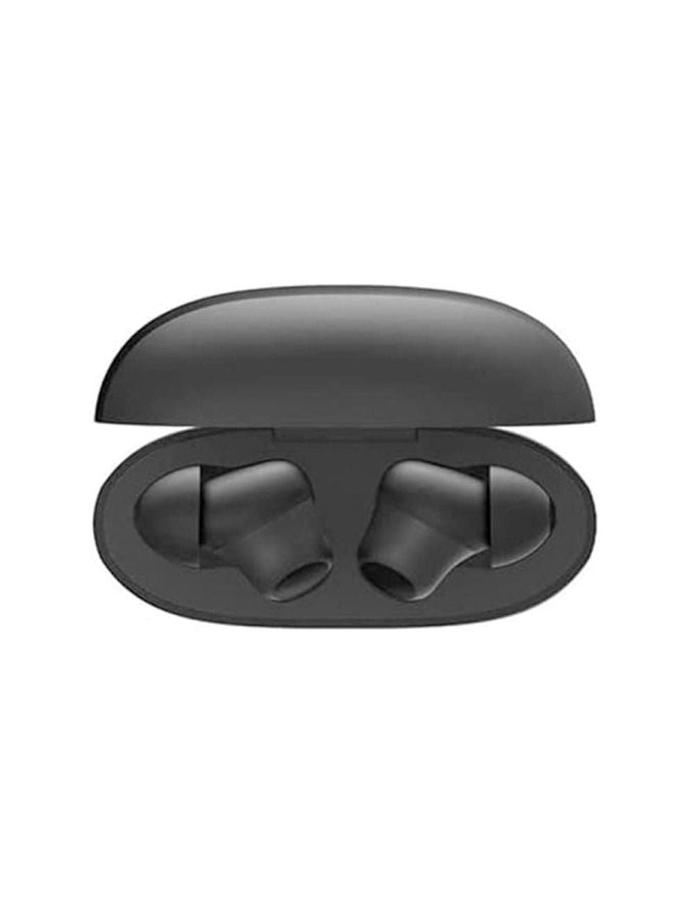 Black wireless earbuds in a charging case on a white background