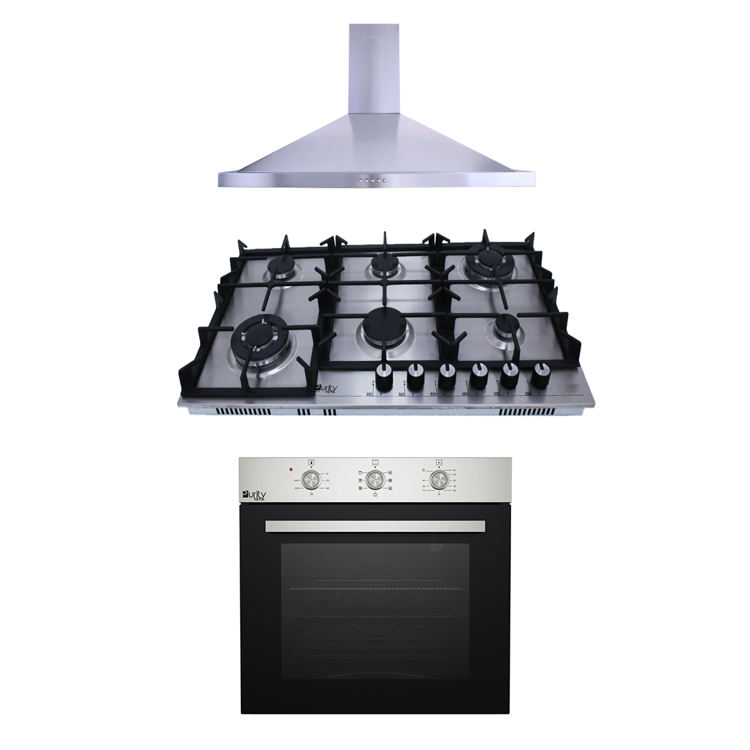 Purity’s Cooker Hood and built-in oven and Gas Hob PENTO90cm+HPT904S+OPT601GG