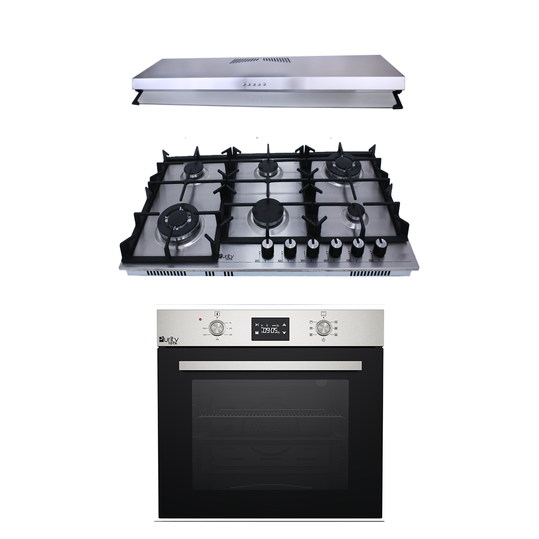 Purity’s Cooker Hood and built-in oven and Gas Hob PIATTA90cm+HPT904S+OPT60EED