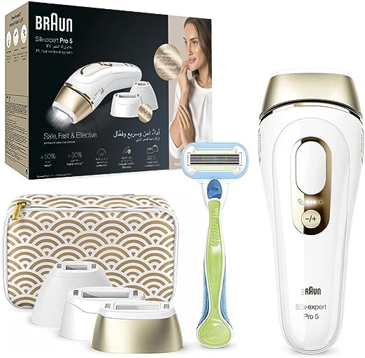 Braun Silk-Expert Pro 5 PL 5237 IPL Hair Removal Device With 4 Extras: Wide Head, Precision Head, Ultra Smooth Razor, Deluxe Beauty Pouch. 400,000 flashes, white/gold