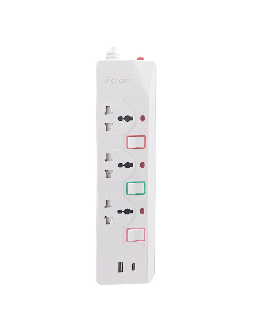 E-train (PS074) Power Strip 16A 3 Output Plugs + 1 USB + 1 Type-C 2.4A - 1.5M With On-Off Switch - White