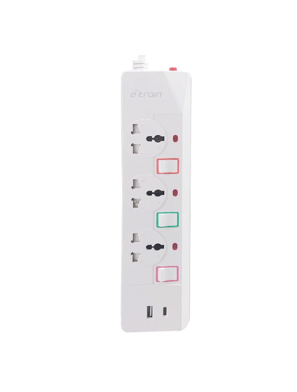 E-train (PS075) Power Strip 16A 3 Output Plugs + 1 USB + 1 Type-C 2.4A Charging Ports 3M - On-Off Switch- White