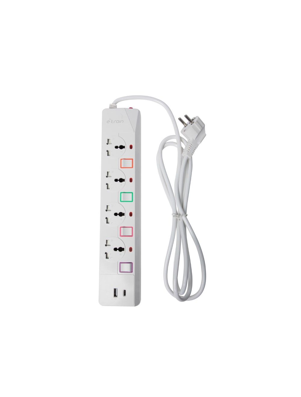 E-train (PS077) Power Strip 16A with Overload Protection 4 Output Plugs + 1 USB + 1 Type-C 2.4A Charging Ports 2M - On-Off Switch