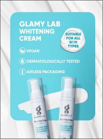 Glamy Lab Whitening Cream packaging with two cream bottles on a white background