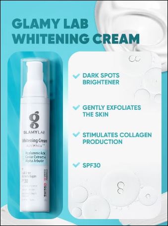 كريم glamy lab للتفتيح مع حماية SPF 30، يعالج البقع ويحمي البشرة من الشمس - Glamy Lab Whitening Cream SPF 30 treats spots & protects skin.
