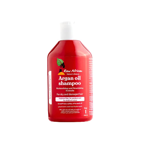 شامبو زيت الأرجان من رو أفريكان يغذي الشعر الجاف بعمق ويعيد له لمعانه الطبيعي – Raw African Argan Oil shampoo restores shine and softness to damaged hair.