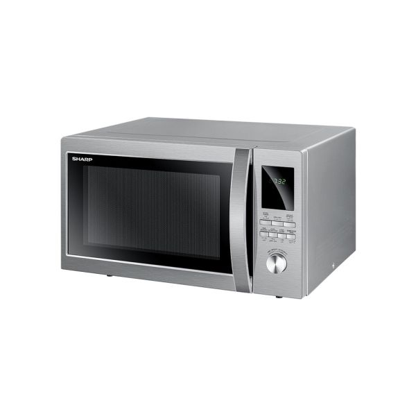 ميكروويف شارب 43 لتر شواية 1100 وات سيلفر، 8 قوائم و5 مستويات طاقة مع ضمان سنتين شامل – Sharp Microwave 43L Grill with 2 Years Warranty.
