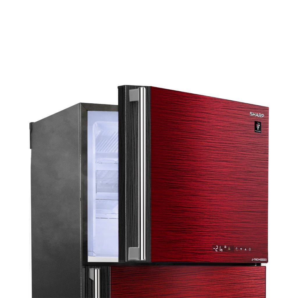 ثلاجة شارب انفرتر نوفروست 450 لتر أحمر/سيلفر/أسود Sharp inverter 450L frost-free refrigerator with touch control and 10 years warranty.
