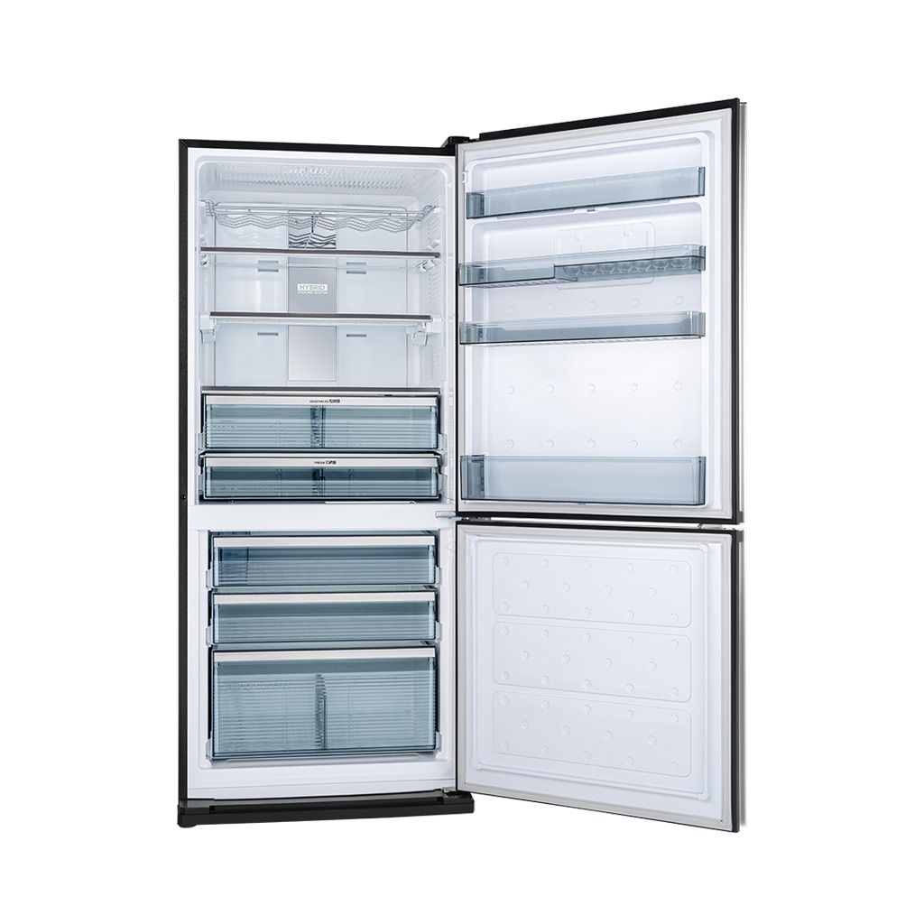 ثلاجة شارب انفرتر فريزر سفلي 558 لتر بألوان متعددة Sharp inverter bottom freezer refrigerator 558L with advanced cooling and 10 years warranty.