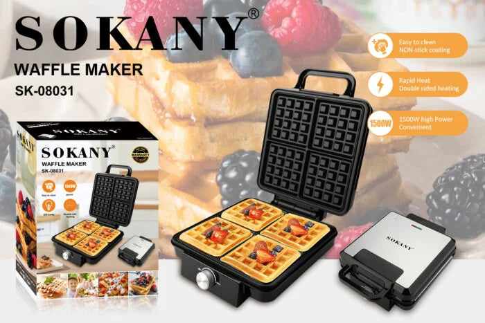 وافل سوكانى فوليم 4ق 1500وات لتحضير 4 قطع وافل بسرعة بسطح غير لاصق – Sokany 4 waffle maker 1500W for making four waffles quickly with non stick plates.