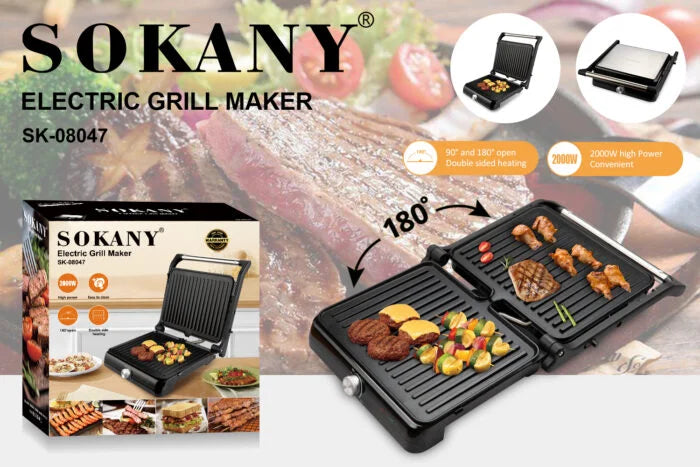 جرل ميكر SK-08047 سوكاني 2000وات لشواء صحي وسريع – SK-08047 Sokany Grill Maker 2000W for quick, even cooking at home.