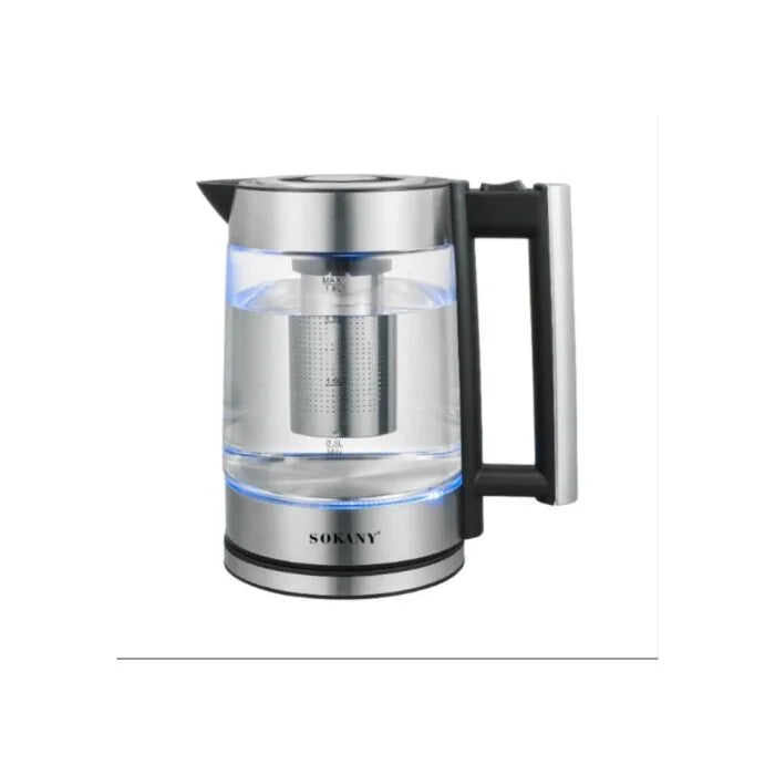 غلايه بمصفاه سوكانى 1.8 لتر 1800 وات مع ليد واضاءة لتحضير الاعشاب – Sokany Glass Kettle 1.8L 1800W with tea filter and LED light for hot drinks.