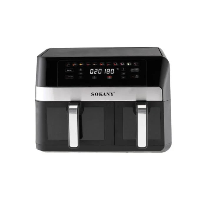 قلايه سوكانى 2باب SK-10034 درجين منفصلين وقدرة 2800 وات وتحكم حراري عملي – Sokany Dual Air Fryer 2800W with independent baskets.