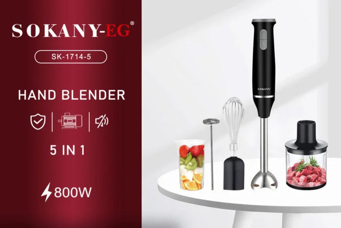 هاند بلندر 800 وات سوكاني SK-1714-5 متعدد الاستخدامات 5×1 مع ملحقات متعددة مع توصيل متاح وضمان عام. | Sokany Hand Blender SK-1714-5 5 in 1 800W with delivery available and 1 year warranty.