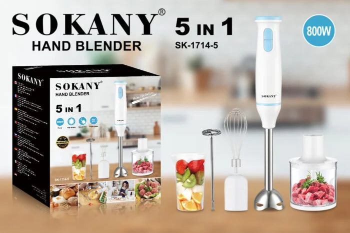 هاند بلندر 800 وات سوكاني SK-1714-5 متعدد الاستخدامات 5×1 مع ملحقات متعددة مع توصيل متاح وضمان عام. | Sokany Hand Blender SK-1714-5 5 in 1 800W with delivery available and 1 year warranty.