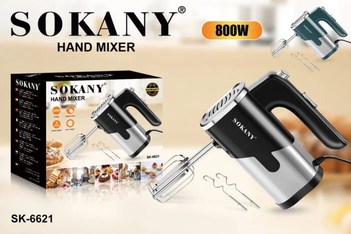 مضرب بيض 800وات سوكاني LH-952 مع 5 سرعات وزر Pulse وخطاف عجن مع توصيل متاح وضمان عام. | Sokany Hand Mixer LH-952 800W with 5 speed