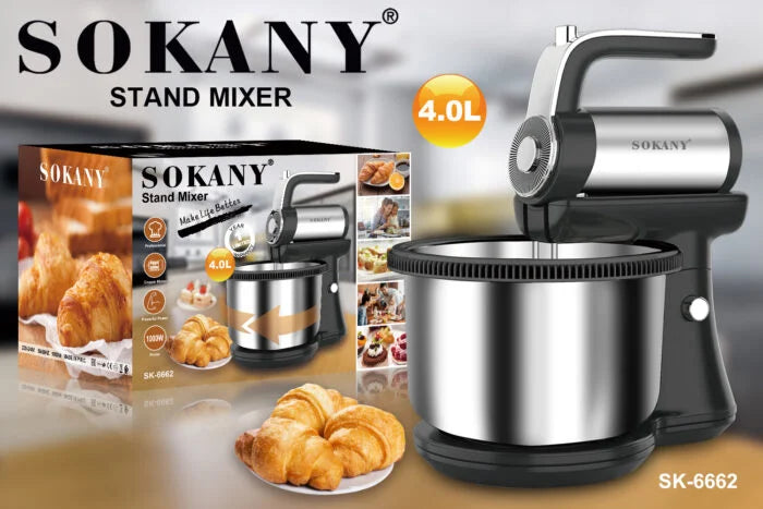 مضرب بالعجان سوكاني 4.5 لتر 1000 وات  Mixer SK-6662  أداء عملي للعجن والخفق Sokany Stand Mixer 4.5L 1000W