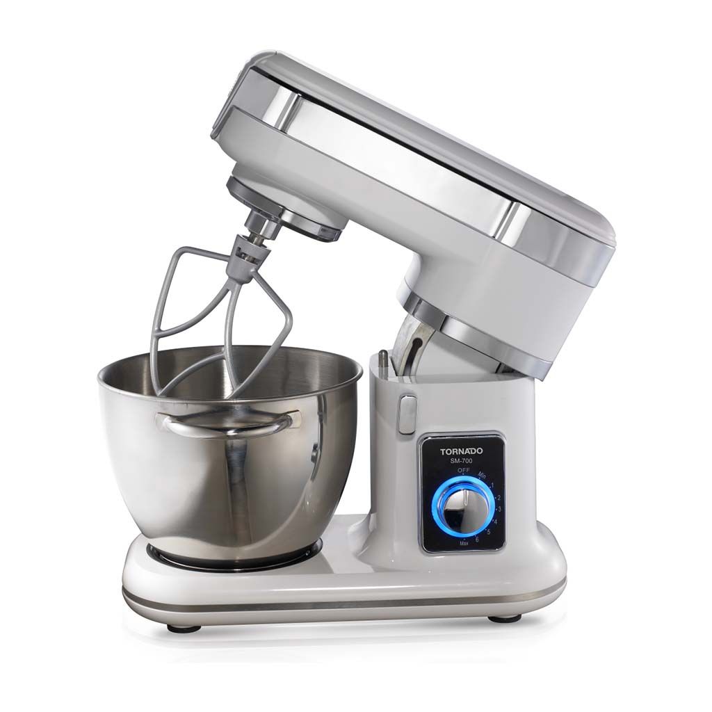 عجان تورنيدو 700 وات بوعاء 4.5 لتر استانلس وضمان سنة، Tornado stand mixer 700W SM-700 white with multiple speeds.