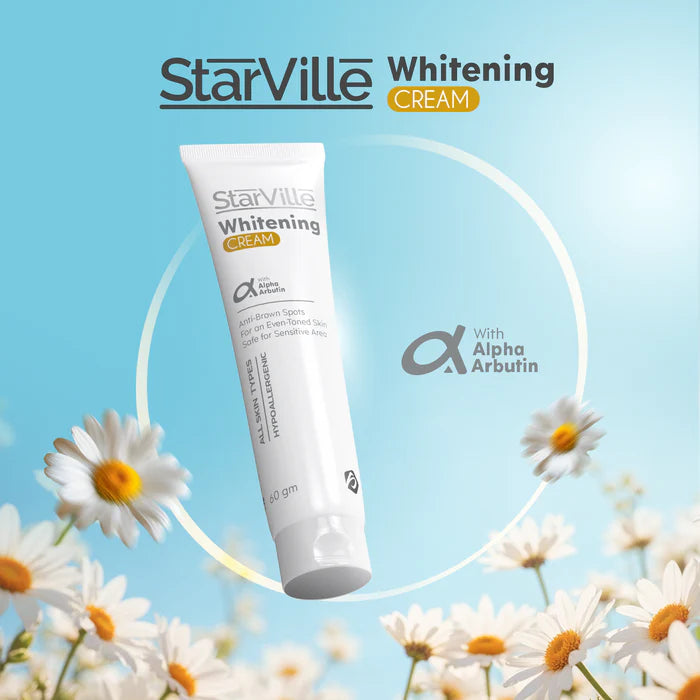 ستارفيل كريم للتفتيح يعالج البقع ويوحد اللون برفق، Starville Cream brightens skin safely for clearer, even-toned results.