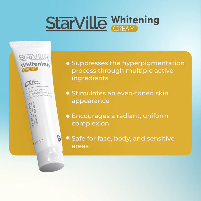 ستارفيل كريم للتفتيح يعالج البقع ويوحد اللون برفق، Starville Cream brightens skin safely for clearer, even-toned results.