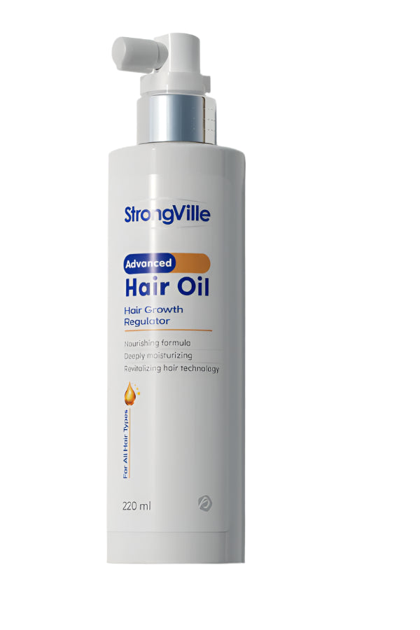 سترونجفيل زيت الشعر 200 مل لتغذية وتقوية الشعر بعمق وتقليل التقصف. Strongville Hair Oil 200 ml deeply nourishes and strengthens hair for natural shine.