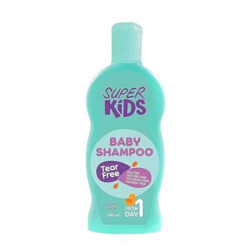 شامبو بيبي سوبركيدز آمن من اليوم الأول، ينظف بلطف بدون دموع وخالٍ من السلفات، SuperKids Baby Shampoo gently cleans newborn hair with a tear-free, sulfate-free formula.