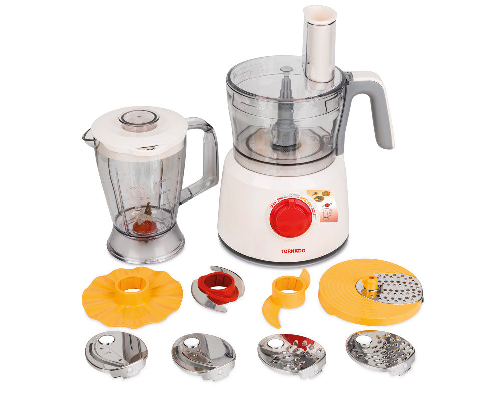 TORNADO Food Processor 1000 Watt, 1.2 Liter Bowl, 1 Liter Blender, White TFP-1000CC