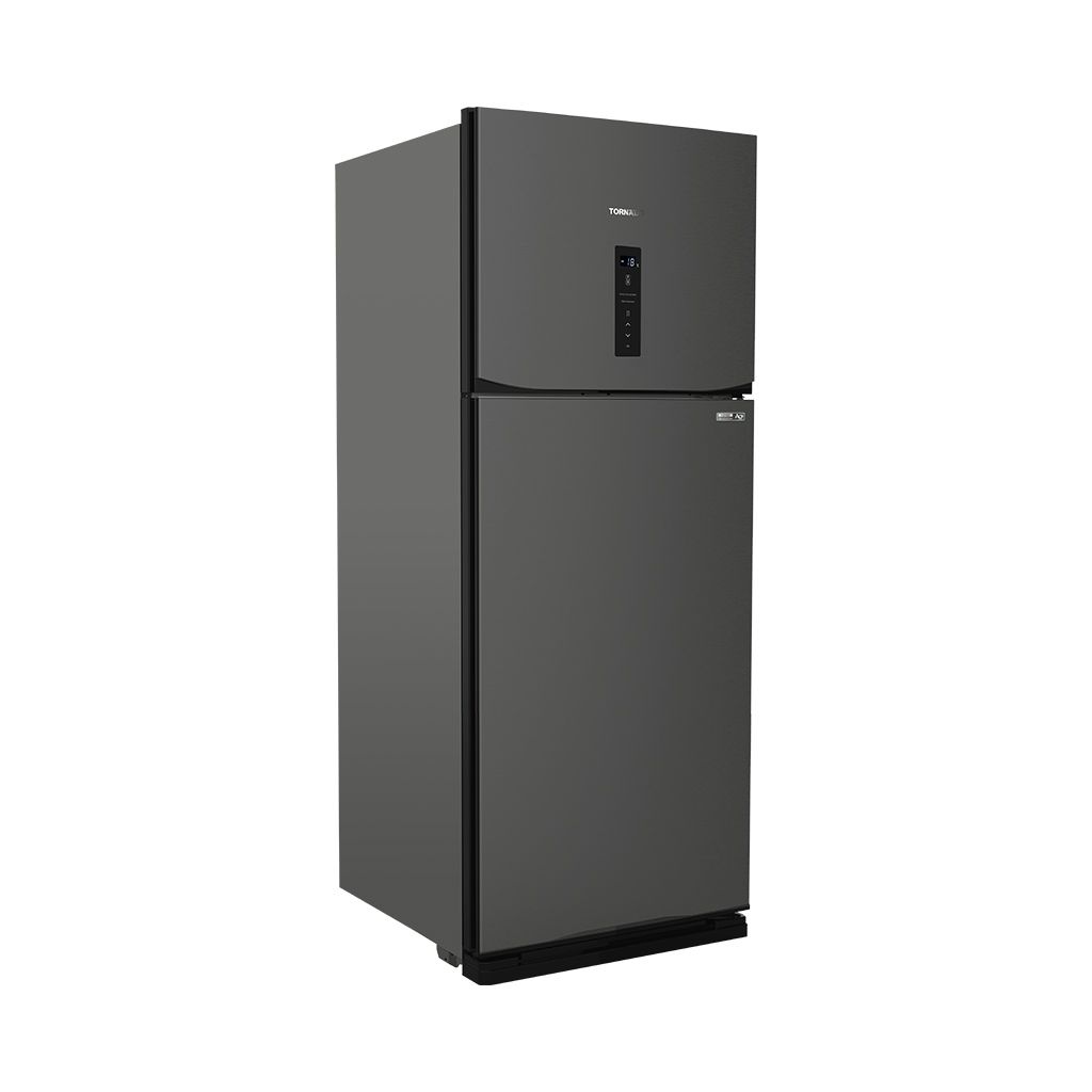 احصل على ثلاجة تورنيدو نوفروست 396 لتر من Cairo Drop، أداء تبريد قوي وتصميم أنيق - Tornado No Frost Refrigerator 396L Silver & Black Cairo Drop.