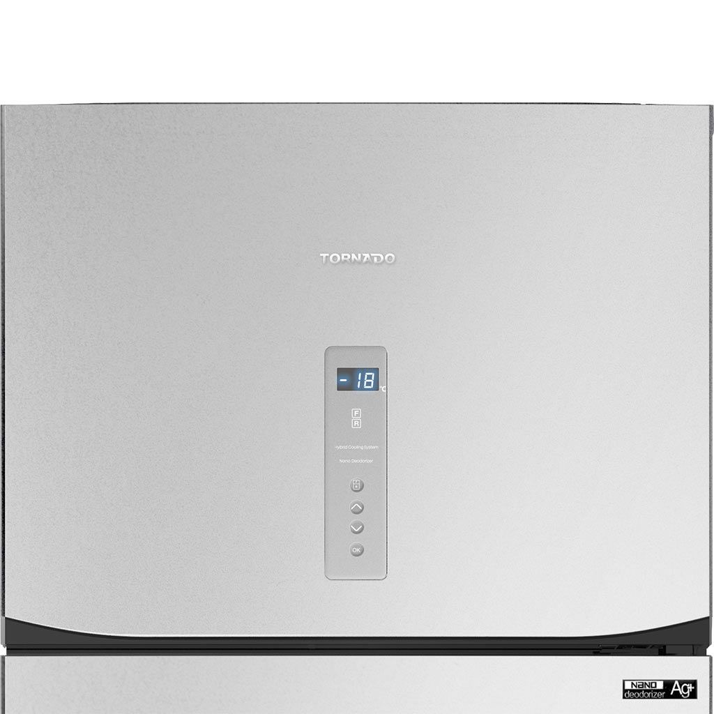 ثلاجة تورنيدو نوفروست 450 لتر بتبريد Hybrid وNano Deodorizer. Tornado 450L NoFrost refrigerator with hybrid cooling and digital control.