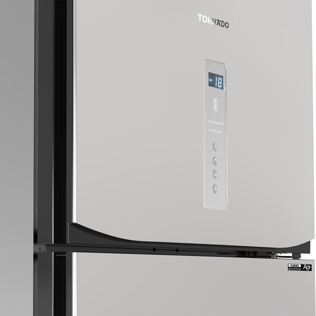 ثلاجة تورنيدو نوفروست 450 لتر بتبريد Hybrid وNano Deodorizer. Tornado 450L NoFrost refrigerator with hybrid cooling and digital control.