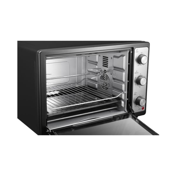 اكتشف فرن كهربائي تورنيدو 48 لتر 1800 وات باللون الأسود مع شواية ومروحة، تصميم عصري، ملحقات متكاملة، توصيل سريع وضمان شامل لمدة سنة.