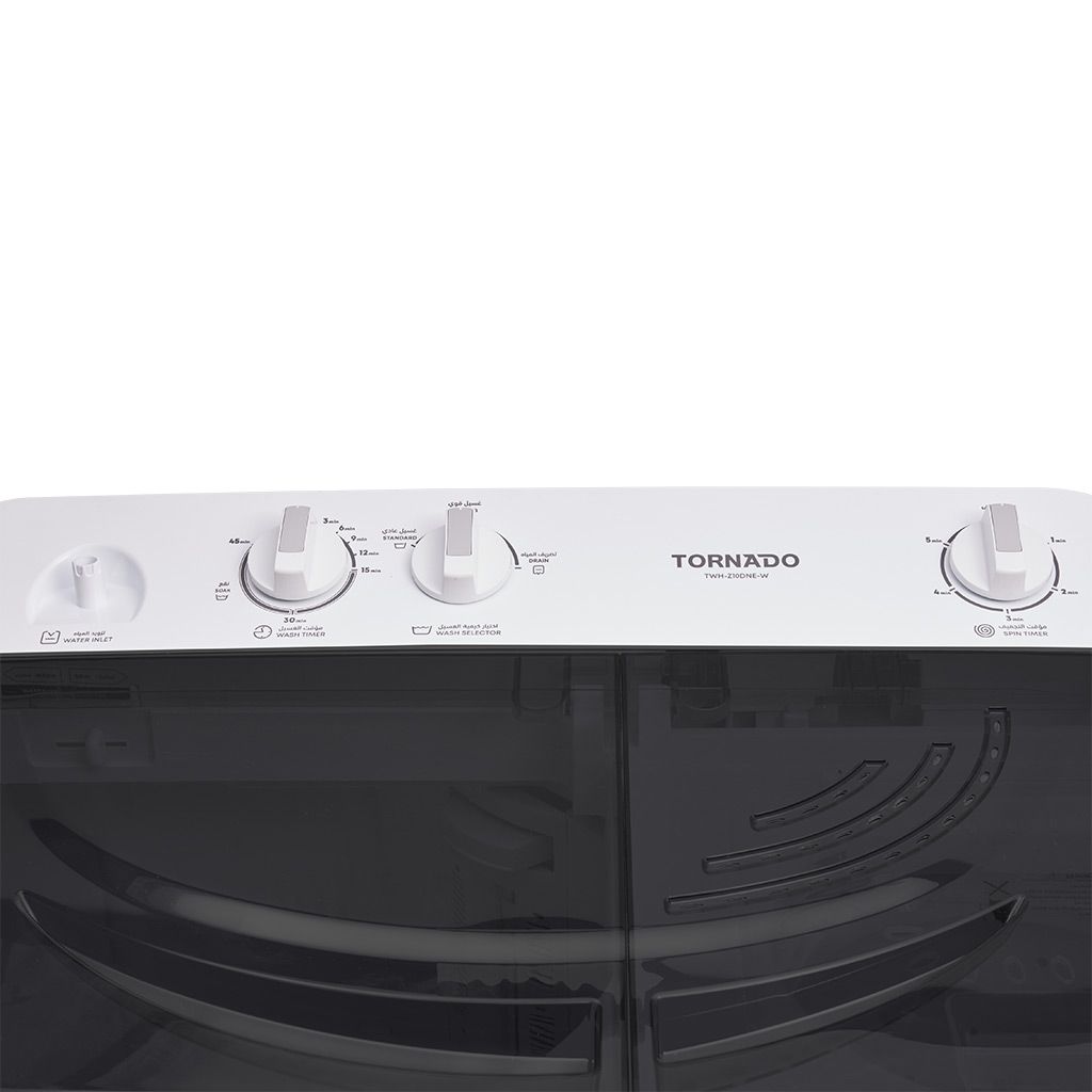 غسالة تورنيدو نصف أوتوماتيك 10 كجم، حوضان، 1200 لفة، تصميم أنيق وضمان 5 سنوات.
Tornado semi-automatic washer 10kg, dual tubs, 1200rpm, stylish & durable with 5-year warranty.