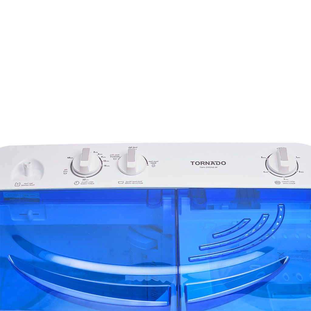غسالة تورنيدو نصف أوتوماتيك 10 كجم، حوضان، 1200 لفة، تصميم أنيق وضمان 5 سنوات.
Tornado semi-automatic washer 10kg, dual tubs, 1200rpm, stylish & durable with 5-year warranty.