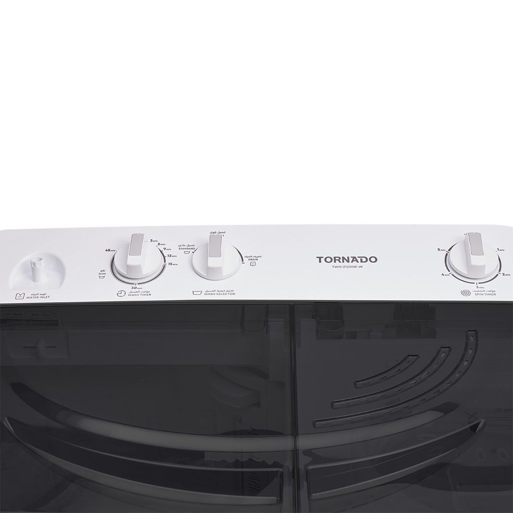 غسالة تورنيدو العربي نصف أوتوماتيك 12 كجم بألوان متنوعة، حوضين للغسيل والتجفيف، 1200 RPM، تصميم متين، ضمان 5 سنوات، وتوصيل سريع.