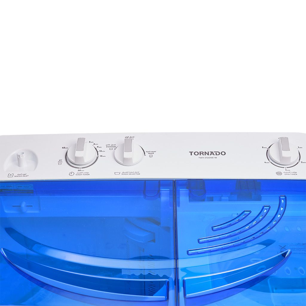 غسالة تورنيدو العربي نصف أوتوماتيك 12 كجم بألوان متنوعة، حوضين للغسيل والتجفيف، 1200 RPM، تصميم متين، ضمان 5 سنوات، وتوصيل سريع.