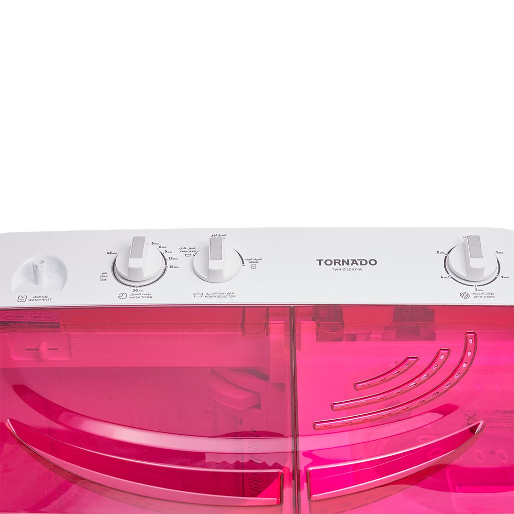 غسالة تورنيدو العربي نصف أوتوماتيك 12 كجم بألوان متنوعة، حوضين للغسيل والتجفيف، 1200 RPM، تصميم متين، ضمان 5 سنوات، وتوصيل سريع.