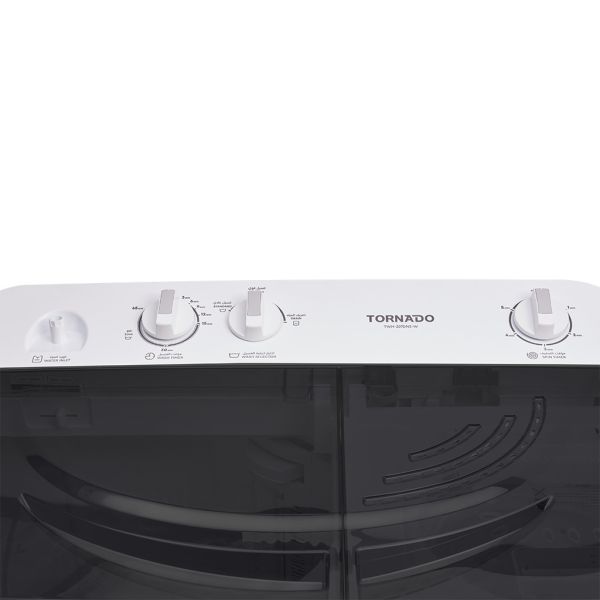 اشتري غسالة تورنيدو نصف أوتوماتيك 7 كجم، أبيض × أسود/أزرق. 1200 لفة، موتورين، حوضين، برامج غسيل متعددة، ضمان 5 سنوات وتوصيل عبر Cairo Drop.