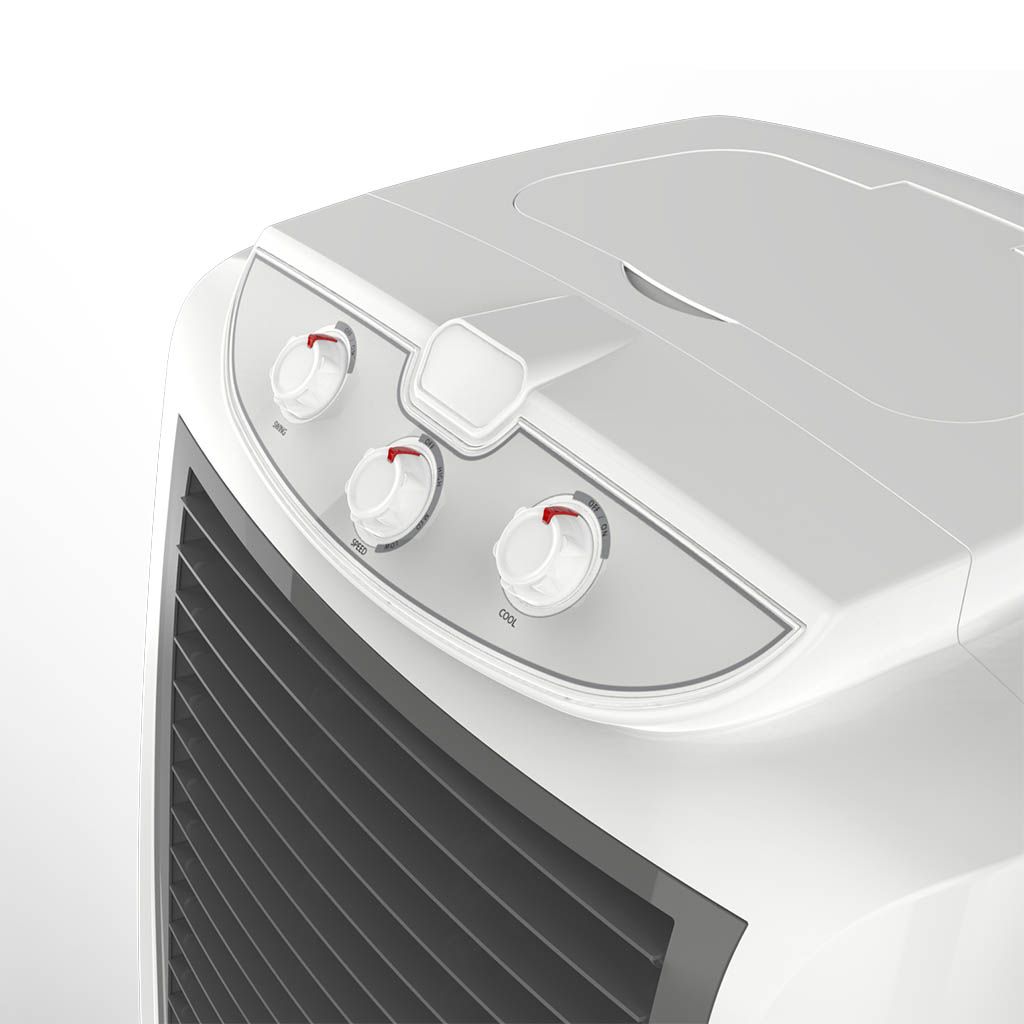 Tornado 70L Digital Air Cooler with 3 speeds & remote, strong airflow, stylish white-grey design – perfect for summer. مبرد تورنيدو رقمي قوي بريموت وتحكم.