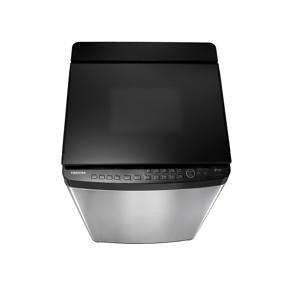 Toshiba 15 kg fully automatic inverter washing machine, stainless steel drum, multiple programs, water pump, 5-year warranty, and quiet, energy-saving performance.