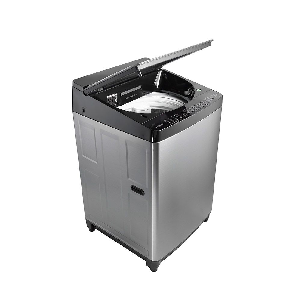 Toshiba 15 kg fully automatic inverter washing machine, stainless steel drum, multiple programs, water pump, 5-year warranty, and quiet, energy-saving performance.