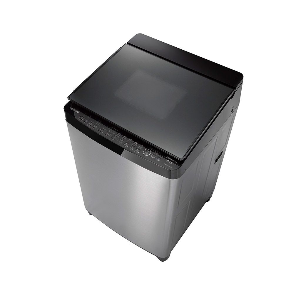 Toshiba 15 kg fully automatic inverter washing machine, stainless steel drum, multiple programs, water pump, 5-year warranty, and quiet, energy-saving performance.