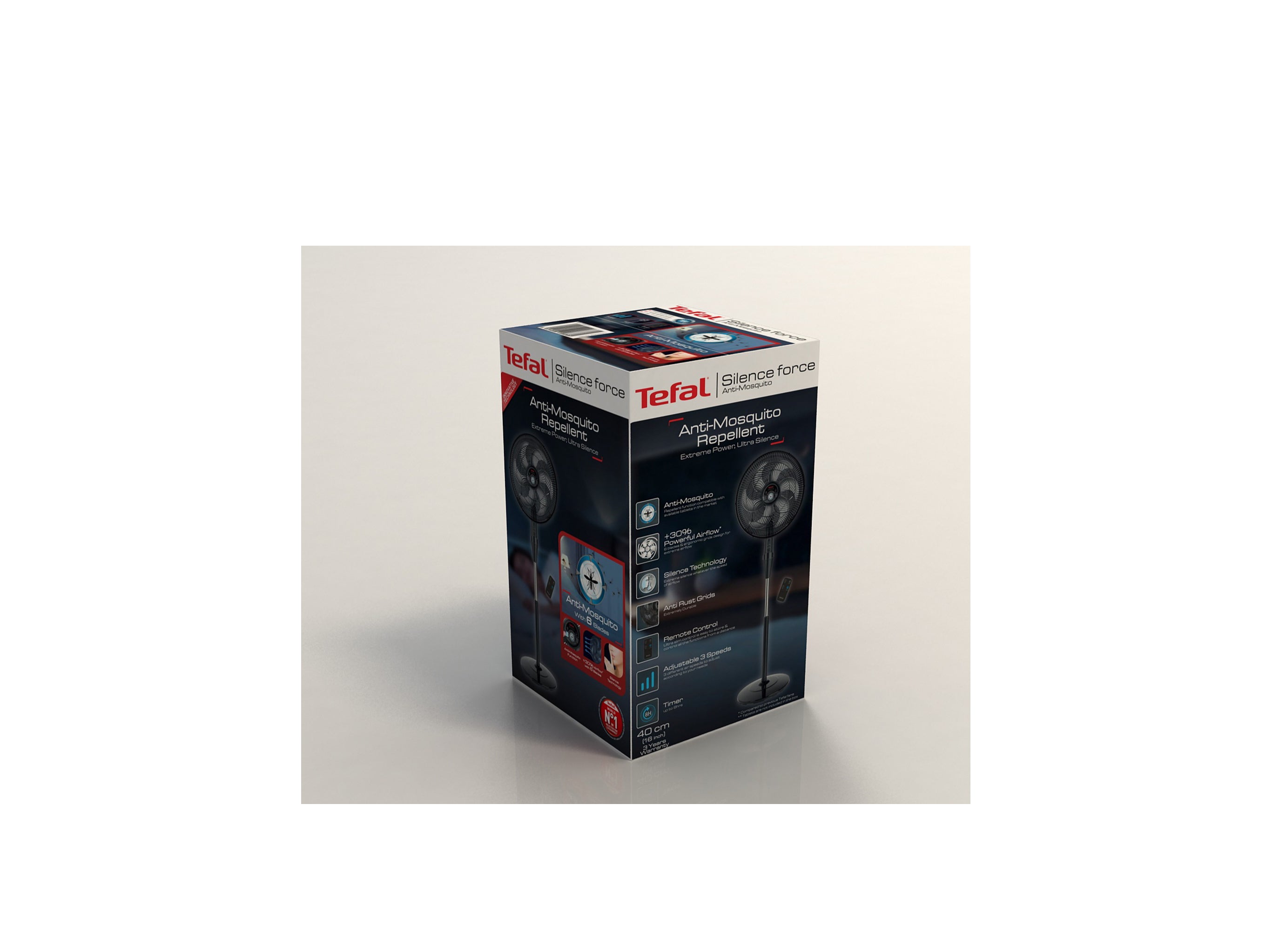 مروحة تيفال طاردة للناموس 16 بوصة، 6 ريشة، ريموت، تشغيل هادئ وحماية كاملة. Tefal Stand Fan Silence Force 16 inch with mosquito repellent & remote.