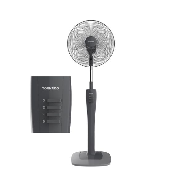 مروحة استاند تورنيدو 16 بوصة رمادي TSF-74G بكفاءة طاقة عالية وضمان 5 سنوات، Tornado stand fan 16 inch grey with 3 speeds and modern design.