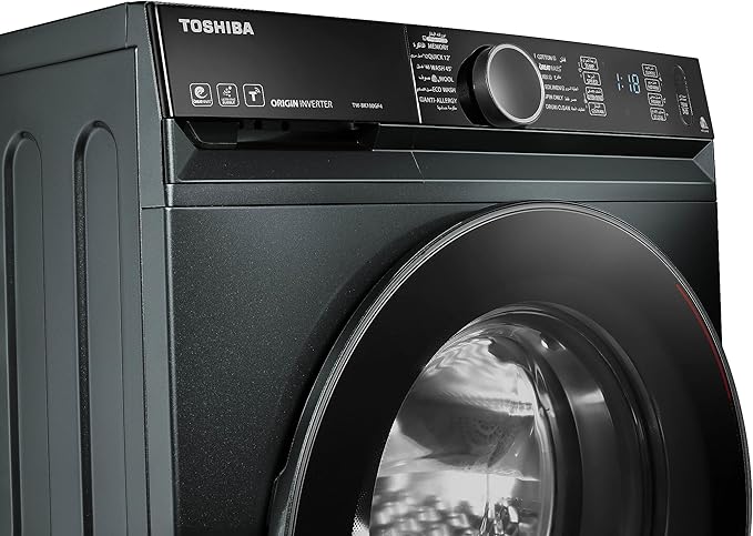 غسالة فول اتوماتيك توشيبا انفرتر 8 كجم فضي/رمادي مع واي فاي وغسيل سريع وضمان 5 سنوات. Toshiba 8kg inverter washer with smart WiFi & 5-year warranty.