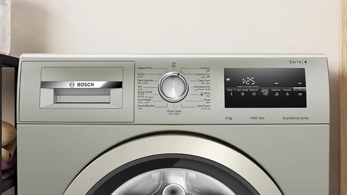 غسالة بوش 8 كجم WAN282X1EG بتقنية EcoSilence Drive لضجيج أقل وضمان 10 سنوات. Bosch 8kg washer with EcoSilence Drive and 10-year warranty.