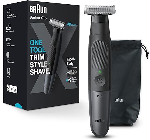 Braun Series XT5 – XT5200 Wet & Dry All in One Trimmer With 6 Attachments and Travel Pouch, Black/Grey-Metal