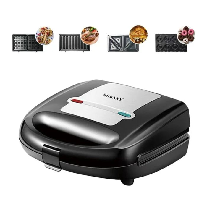 ساندوتش ميكر سوكاني 4 في 1 بقدرة 750 وات لتحضير التوست والوافل بسهولة | Sokany sandwich maker 4 in 1 750W for toast waffle donut and grill cooking.