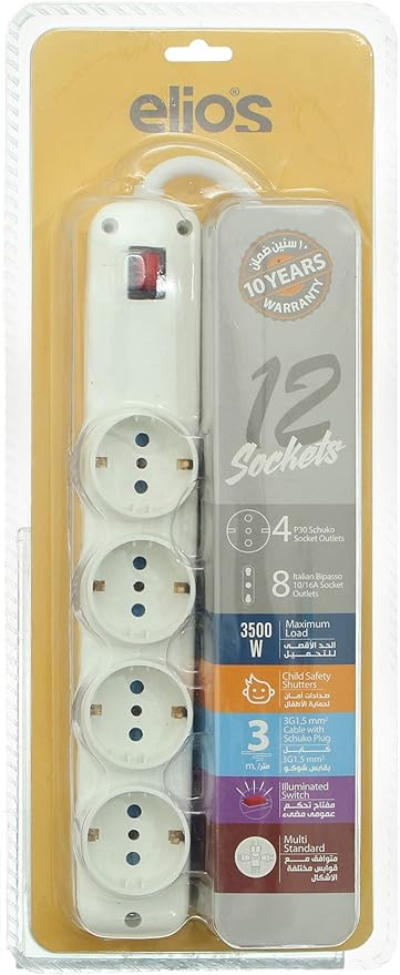 Elios 16 Ampere 3500 W Power Strip Extension Board 12 Sockets and Child Safety Socket Cover (Cord 3 M, White)